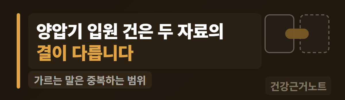 양압기 요양비 지급 제외 양압기 입원 건은 두 자료의 결이 다르고 가르는 말이 중복하는 범위라는 것을, 실선 테두리 판과 점선 테두리 판 사이에 같은 칩 하나가 걸쳐 있는 형태로 옅게 그린 주의 배너