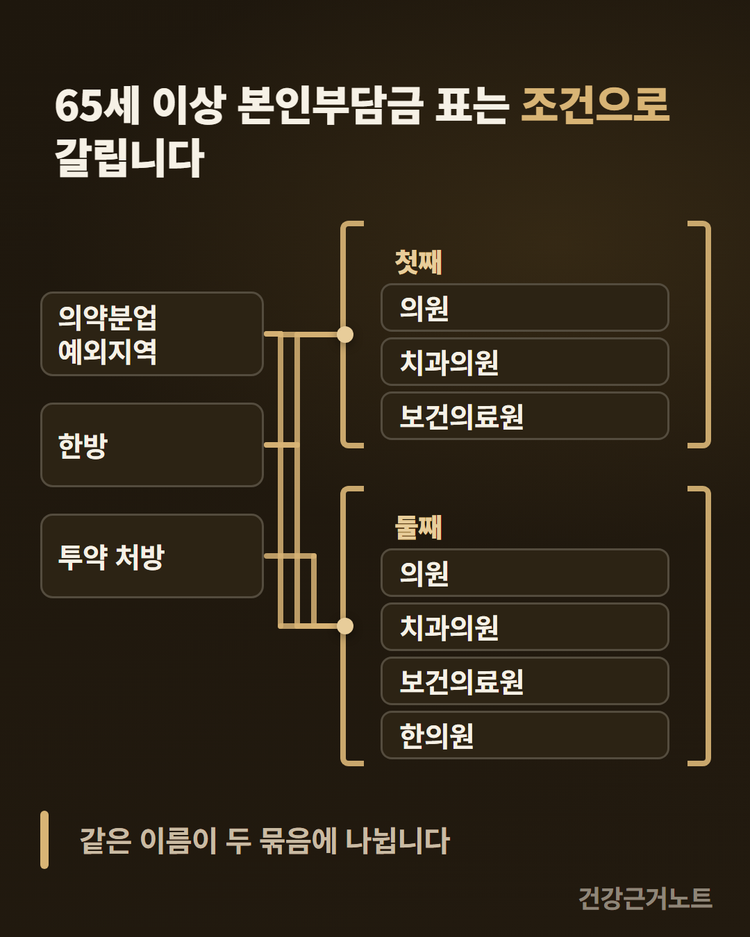 65세 이상 본인부담금 표가 의약분업 예외지역과 한방, 투약 처방 세 조건에서 선으로 이어져 첫째와 둘째 두 괄호로 갈리고 의원과 치과의원, 보건의료원이 두 괄호에 함께 들어 있으며 한의원은 둘째에만 있는 도식