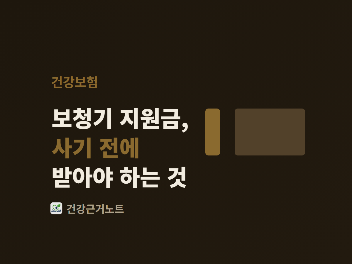 보청기 지원금, 사기 전에 받아야 하는 것이라는 제목 오른쪽에 넓은 판 하나와 그 왼쪽으로 한 칸 간격만큼 떨어져 선 같은 높이의 짧은 칸 하나가 놓인 표지 그림