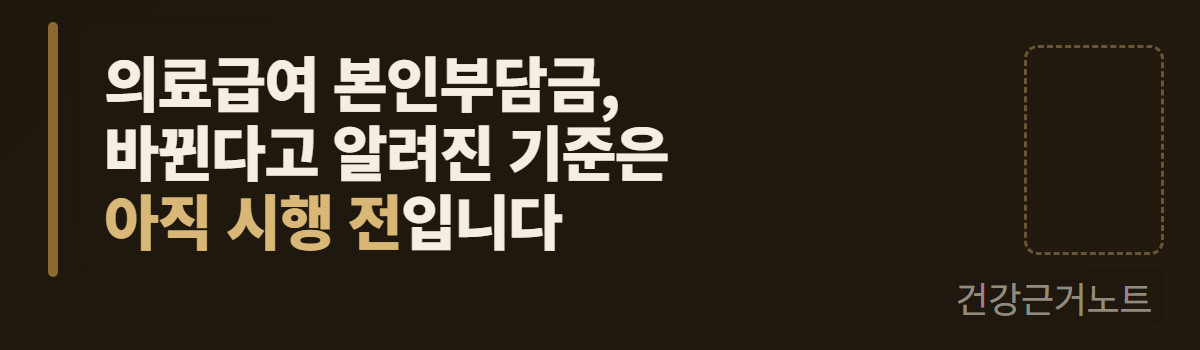 의료급여 본인부담금 정률제 전환 의료급여 본인부담금이 바뀐다고 알려진 기준은 아직 시행 전이라는 한 줄을 왼쪽 세로 액센트 바와 함께 놓고, 오른쪽에 점선으로만 그린 빈 칸을 둔 배너