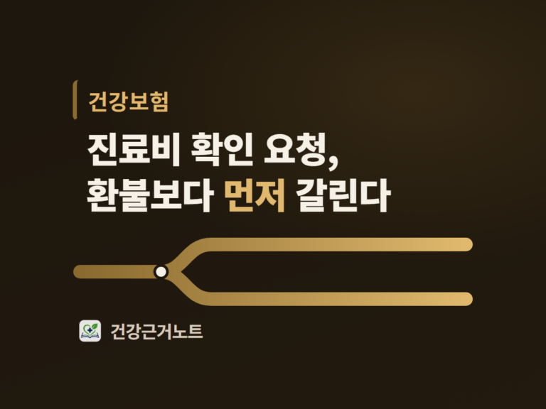 진료비 확인 요청은 환불보다 먼저 갈린다는 제목 아래에, 왼쪽에서 온 한 줄이 점 하나에서 두 갈래로 갈라져 오른쪽으로 나란히 뻗고 끝에는 아무 표시가 없는 표지