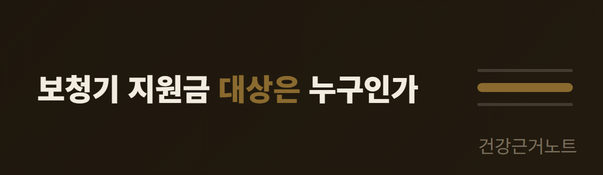 보청기 지원금 대상 보청기 지원금 대상은 누구인가라는 한 줄이 왼쪽에 놓이고 오른쪽에 길이가 같은 가로선 세 개 가운데 두 번째 선만 굵고 진하게 그려진 가로 배너