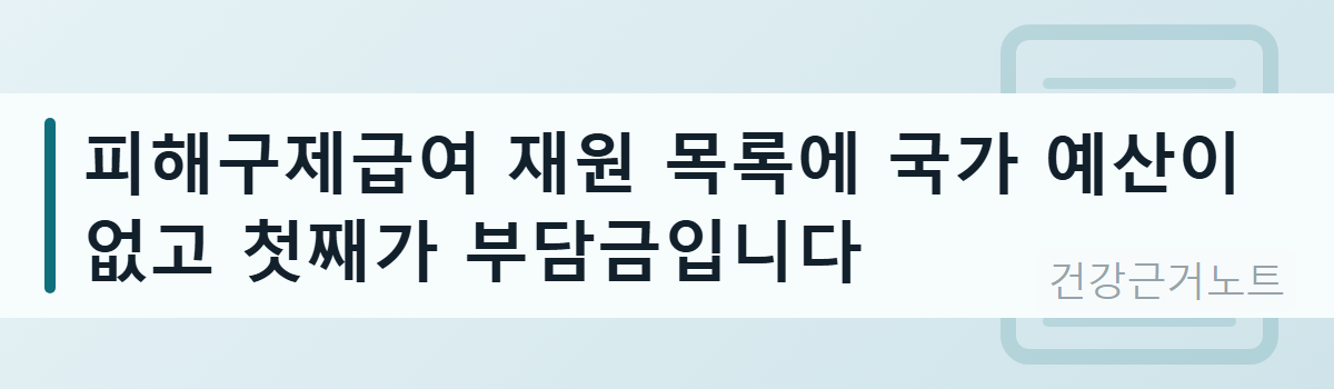 피해구제급여 재원 목록에 국가 예산이 없고 첫째가 부담금이라는 한 줄이 왼쪽 액센트 세로 바와 함께 놓인 가로 배너