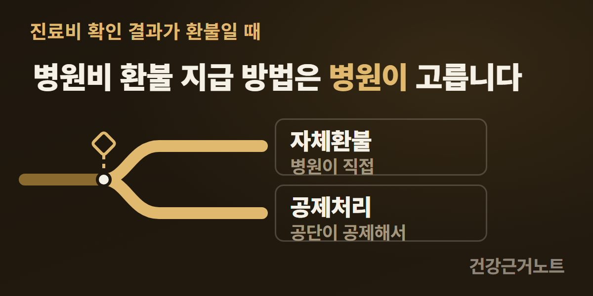 진료비 확인 결과가 환불일 때 병원비 환불이 한 줄에서 자체환불과 공제처리 두 경로로 갈리고 갈림점 위에 작은 마름모를 두어 고르는 쪽이 병원임을 보여주는 가로 도해