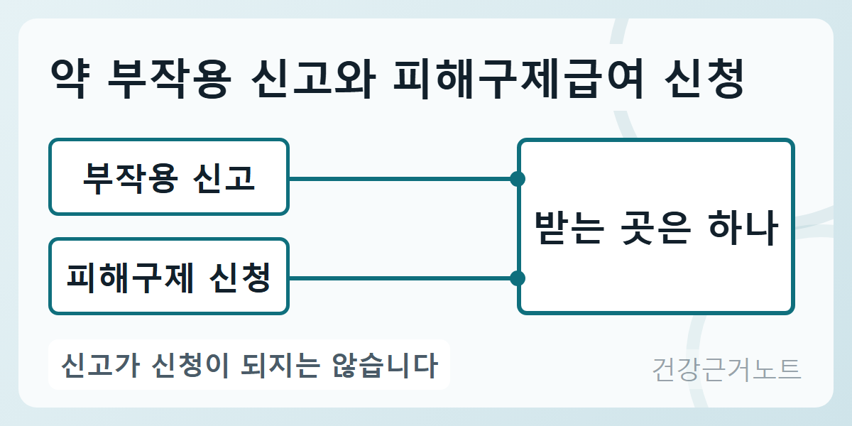 약 부작용 신고와 피해구제급여 신청 두 상자에서 나온 선이 받는 곳은 하나라고 적힌 오른쪽 큰 상자의 서로 다른 두 지점에 각각 닿고 아래에 신고가 신청이 되지는 않는다고 적힌 가로 도식